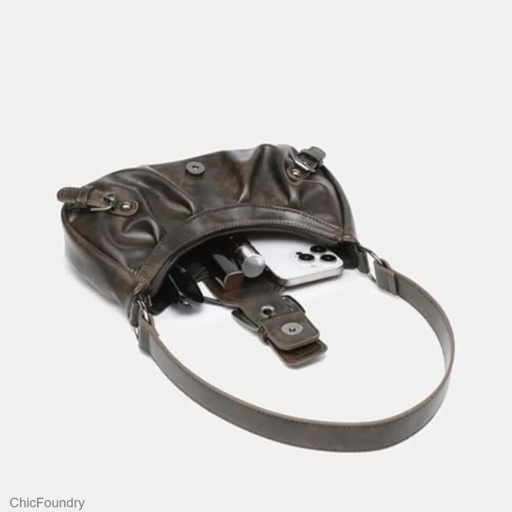 Small Hobo Shoulder Bag with Top Handle, Faux Leather, Zipper Closure